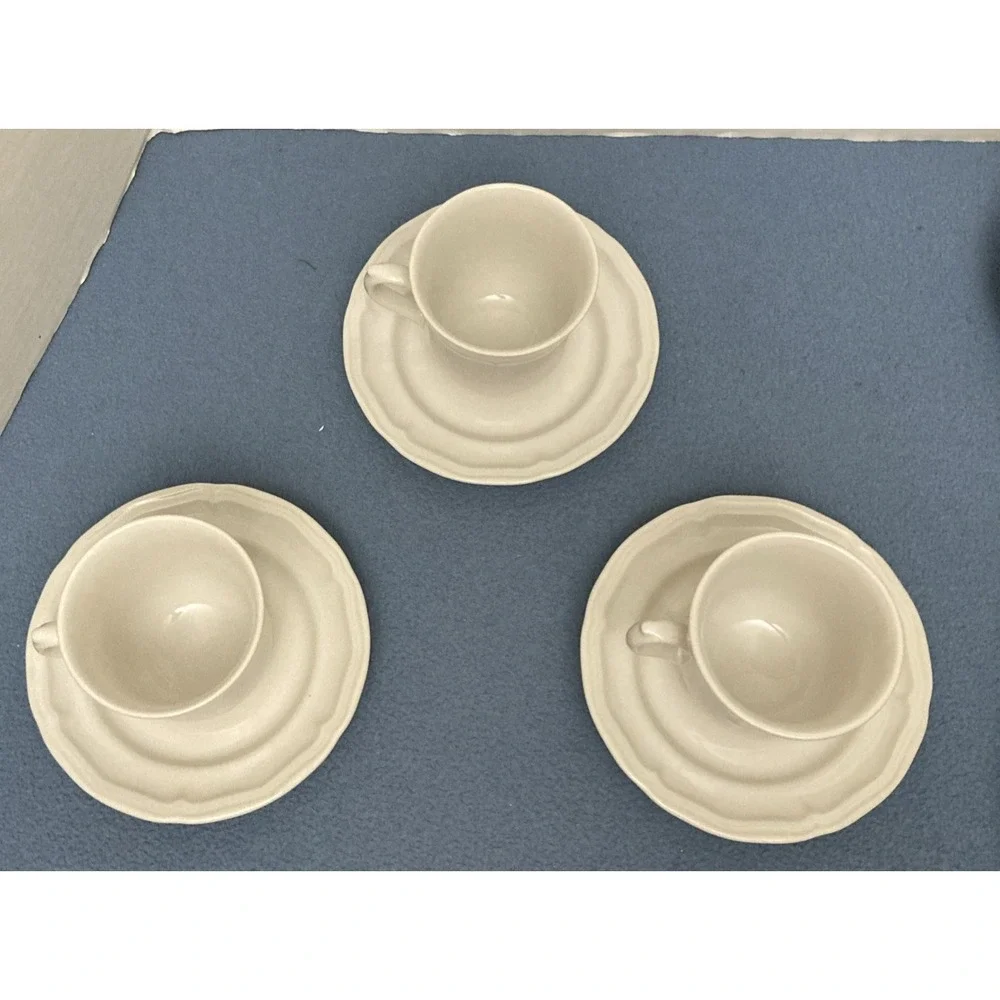 Stoneware Country White French Country Design Coffee Cup‎ with Saucer - Set of 7